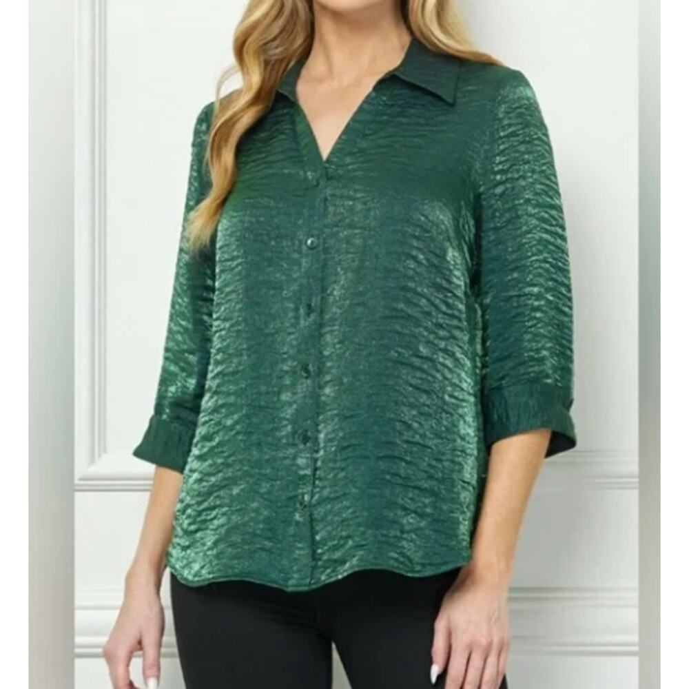 Sara Michelle Emerald Green Textured Button Front Blouse Sz 3X EUC